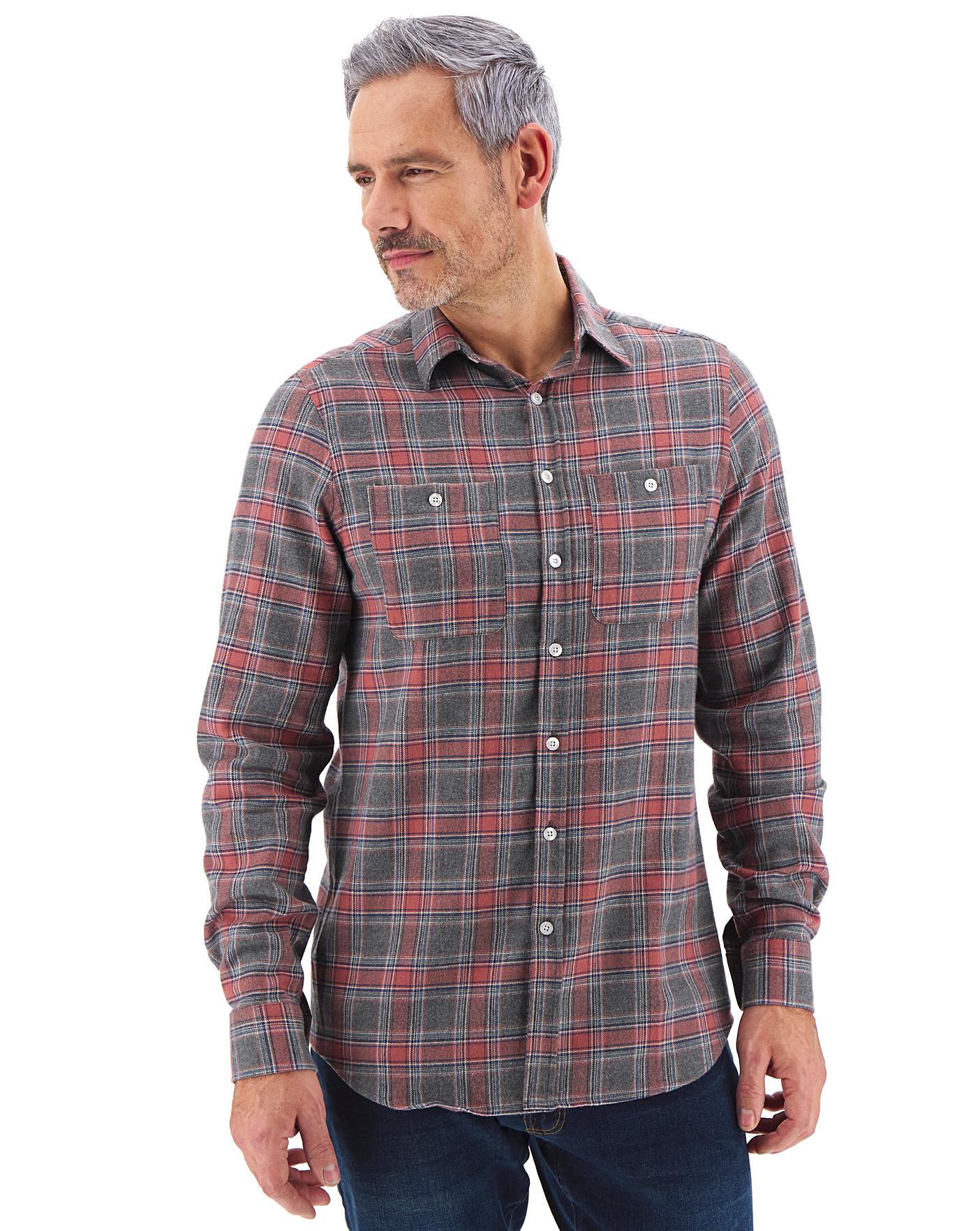 Grey/Pink Check Flannel Shirt Long | Premier Man