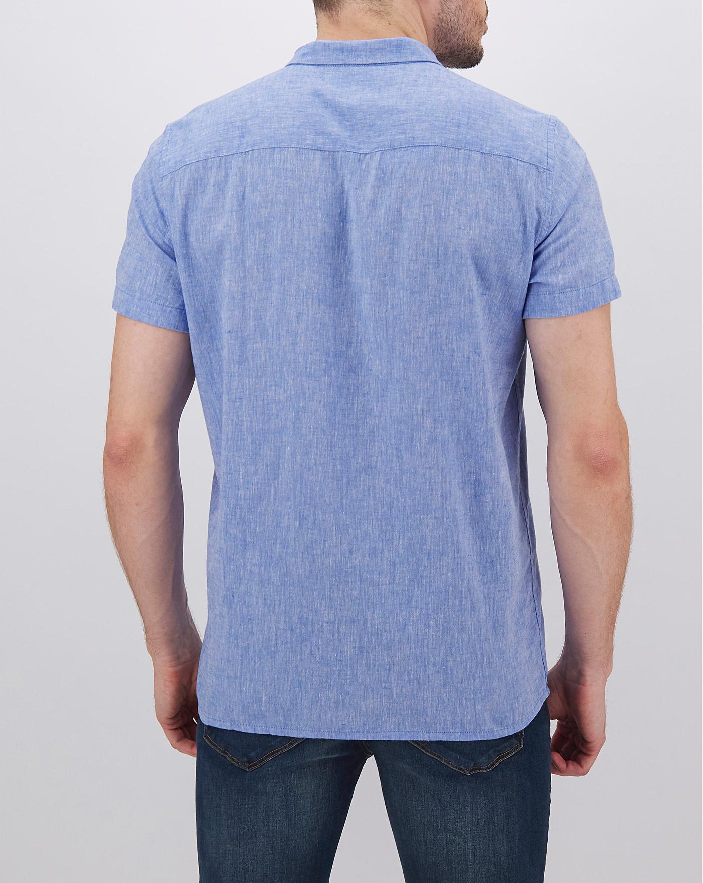 Blue Short Sleeve Linen Mix Shirt Long | Premier Man