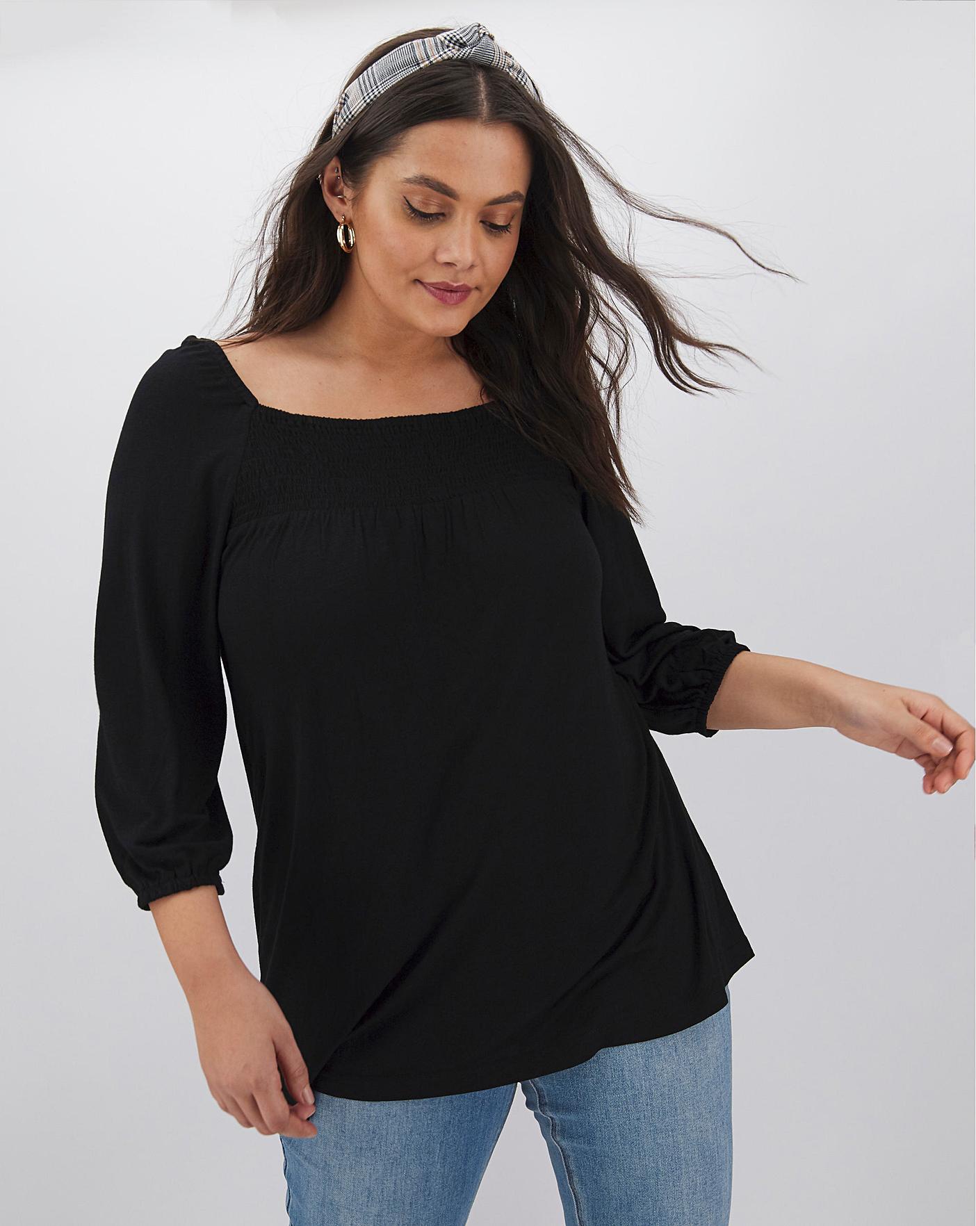 Black Shirred Square Neck Top | Simply Be