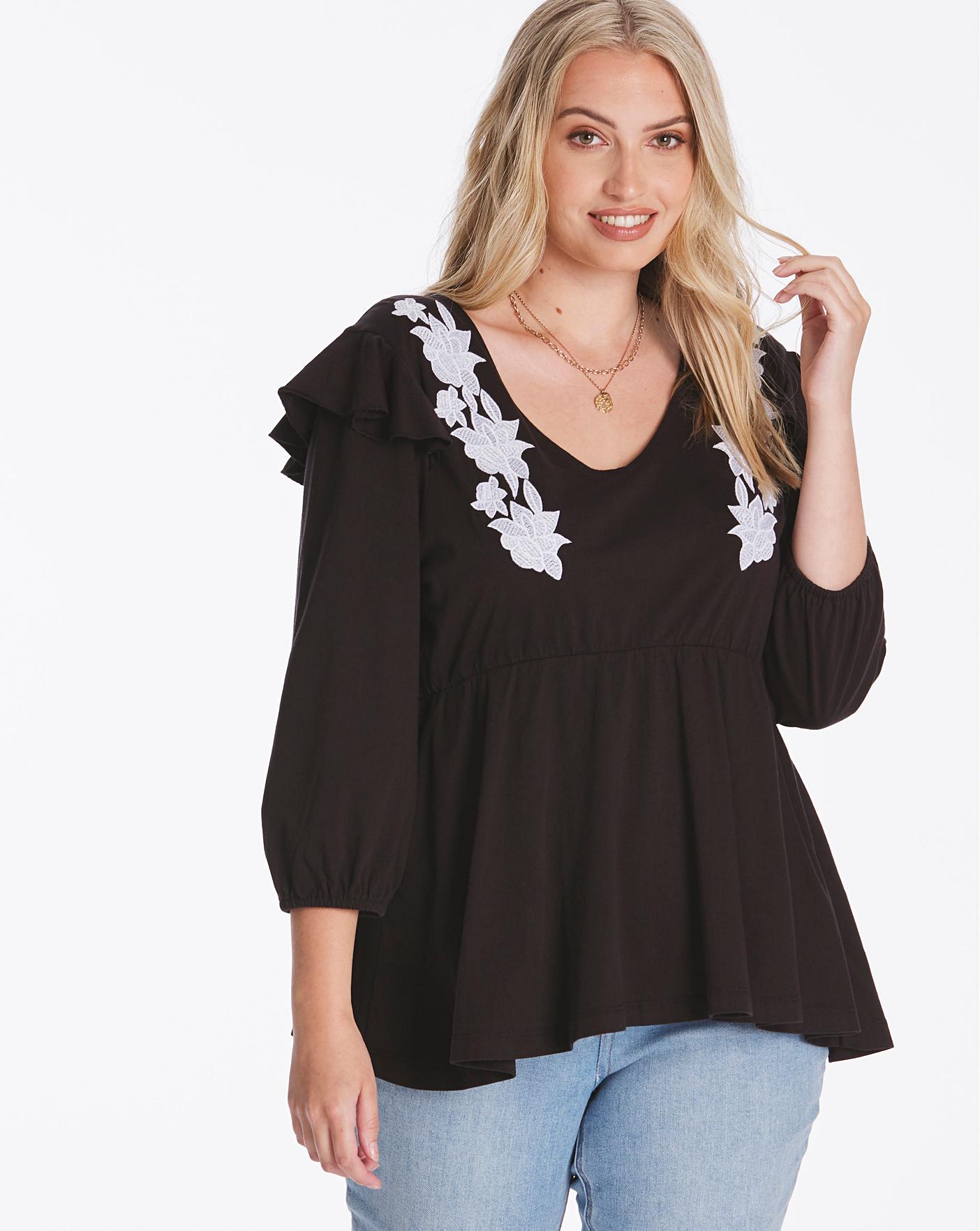 Black Embroidered Frill Long Sleeve Top | Simply Be