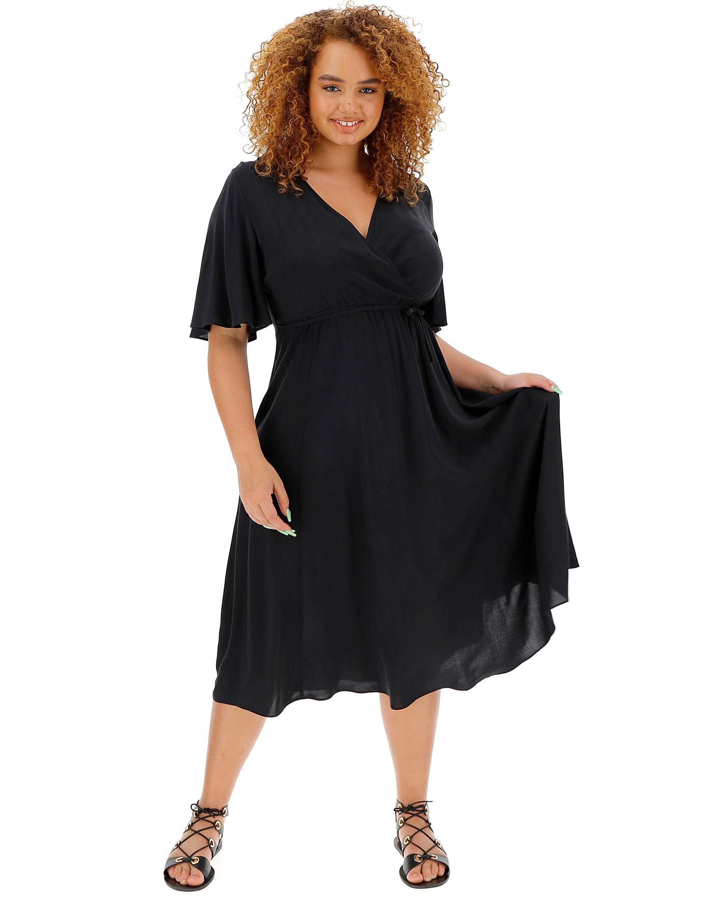 Black Angel Sleeve Wrap Skater Dress | Simply Be