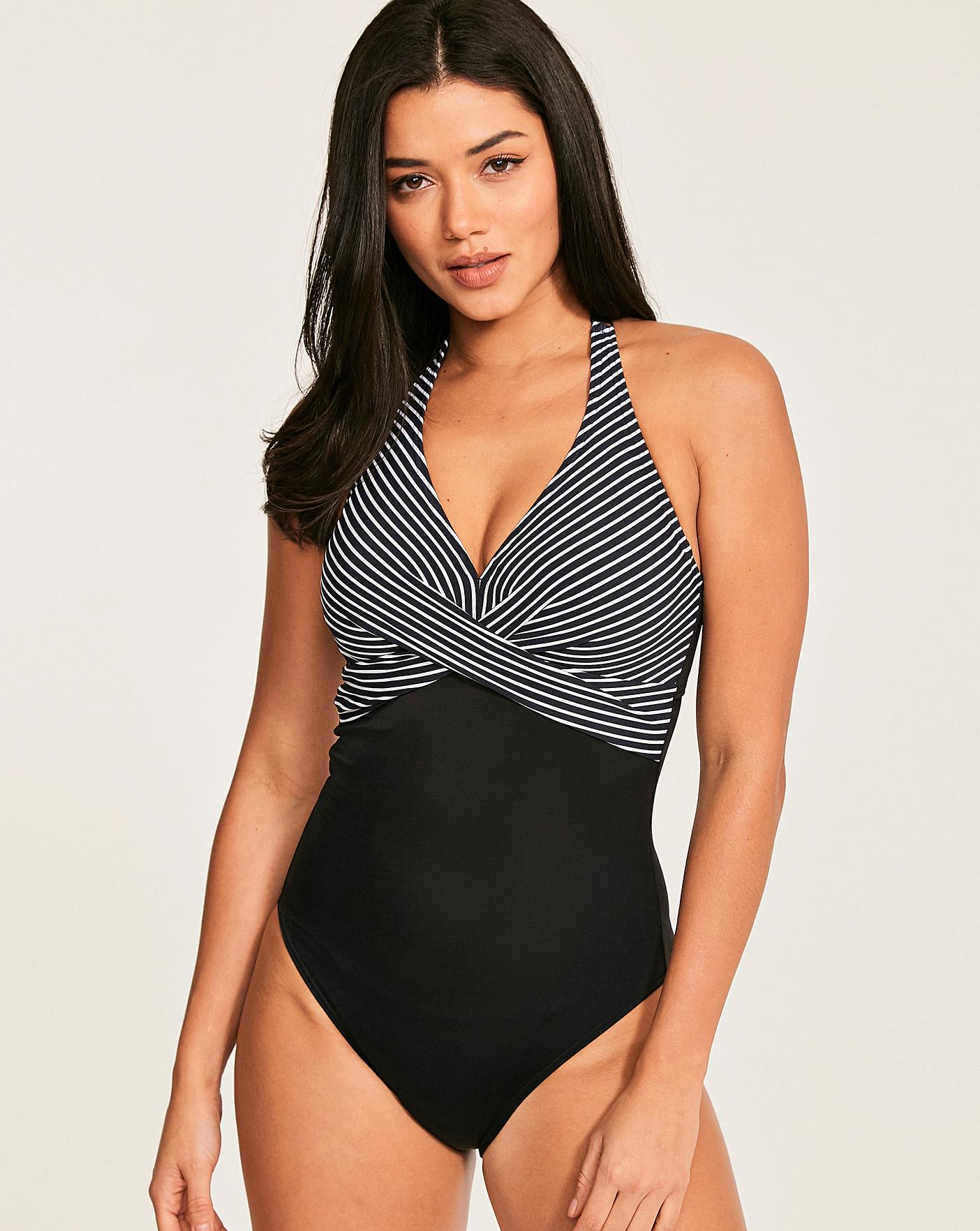 Figleaves Womens Tailor Shaping Stripe One Piece Bathing Suit Size 12 Long in Black Stripe