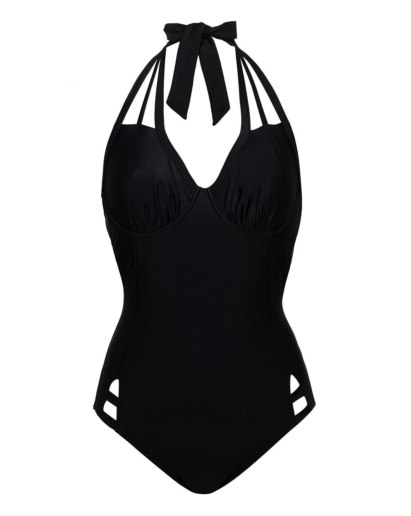 Figleaves Fuller Bust embroidered double strap swimsuit in black