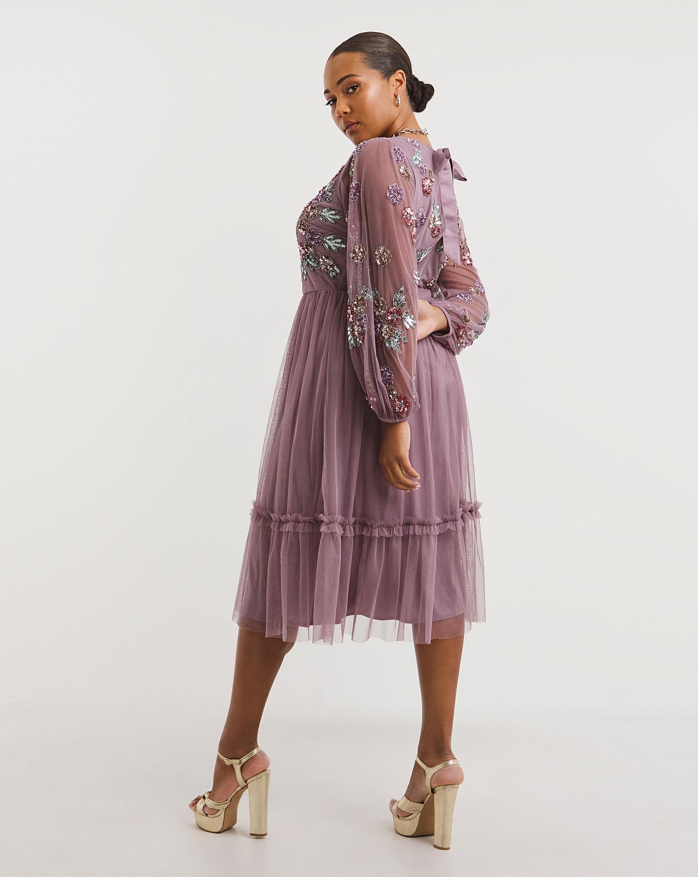 Needle & thread embroidered tulle midi 2024 dress with cap sleeve in lavender