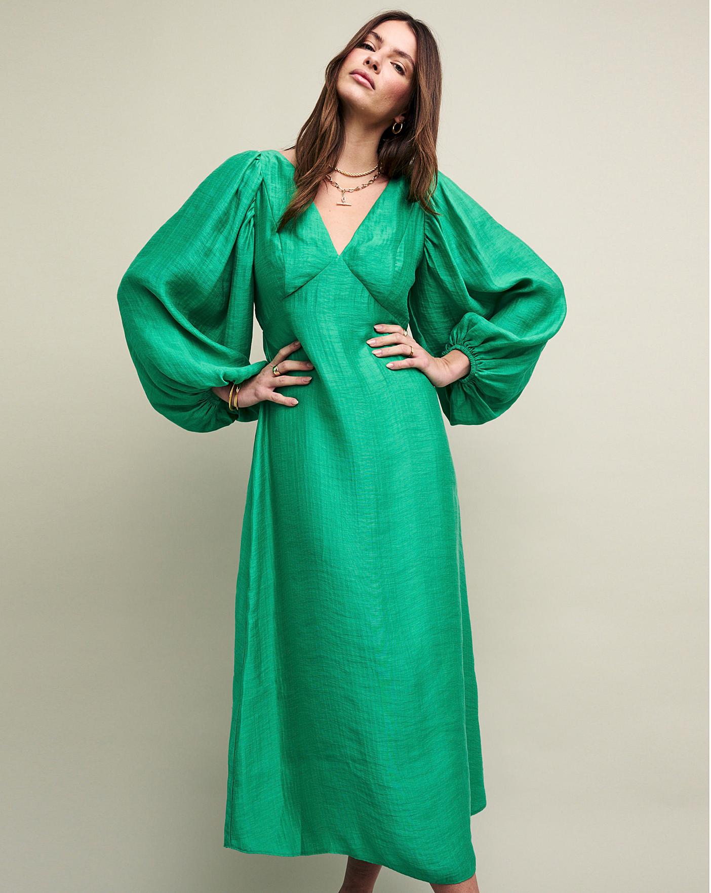 Knee-length cotton muslin dress with an A-line cut - Green