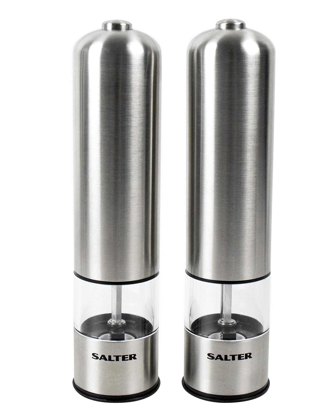 Electric Salt and Pepper Grinder Set -Battery Operated Stainless Steel  Salt&Pepper Mills(2) by Flafster Kitchen -Tall Power Shak