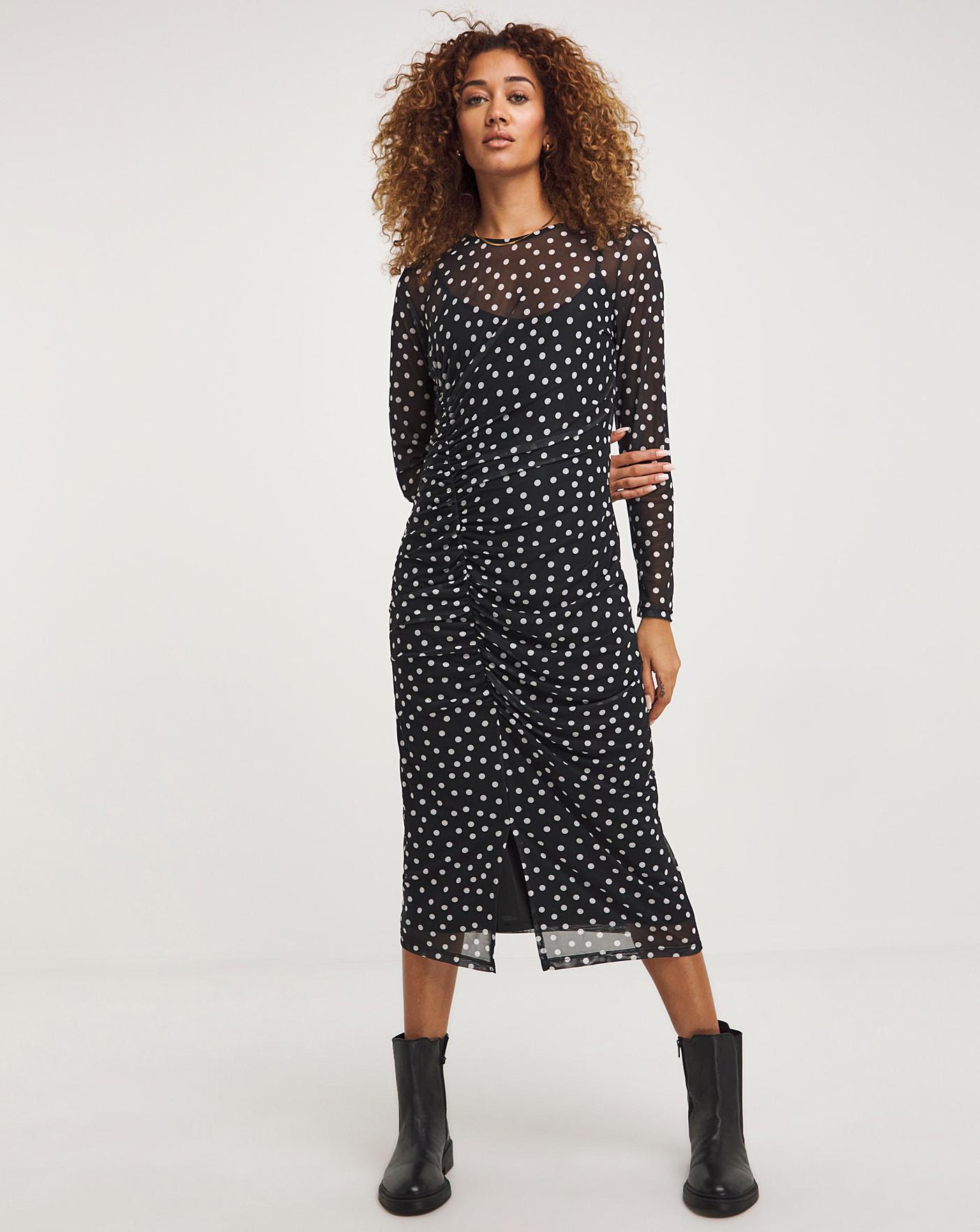 Spot Mesh Ruched Midi Dress | Marisota