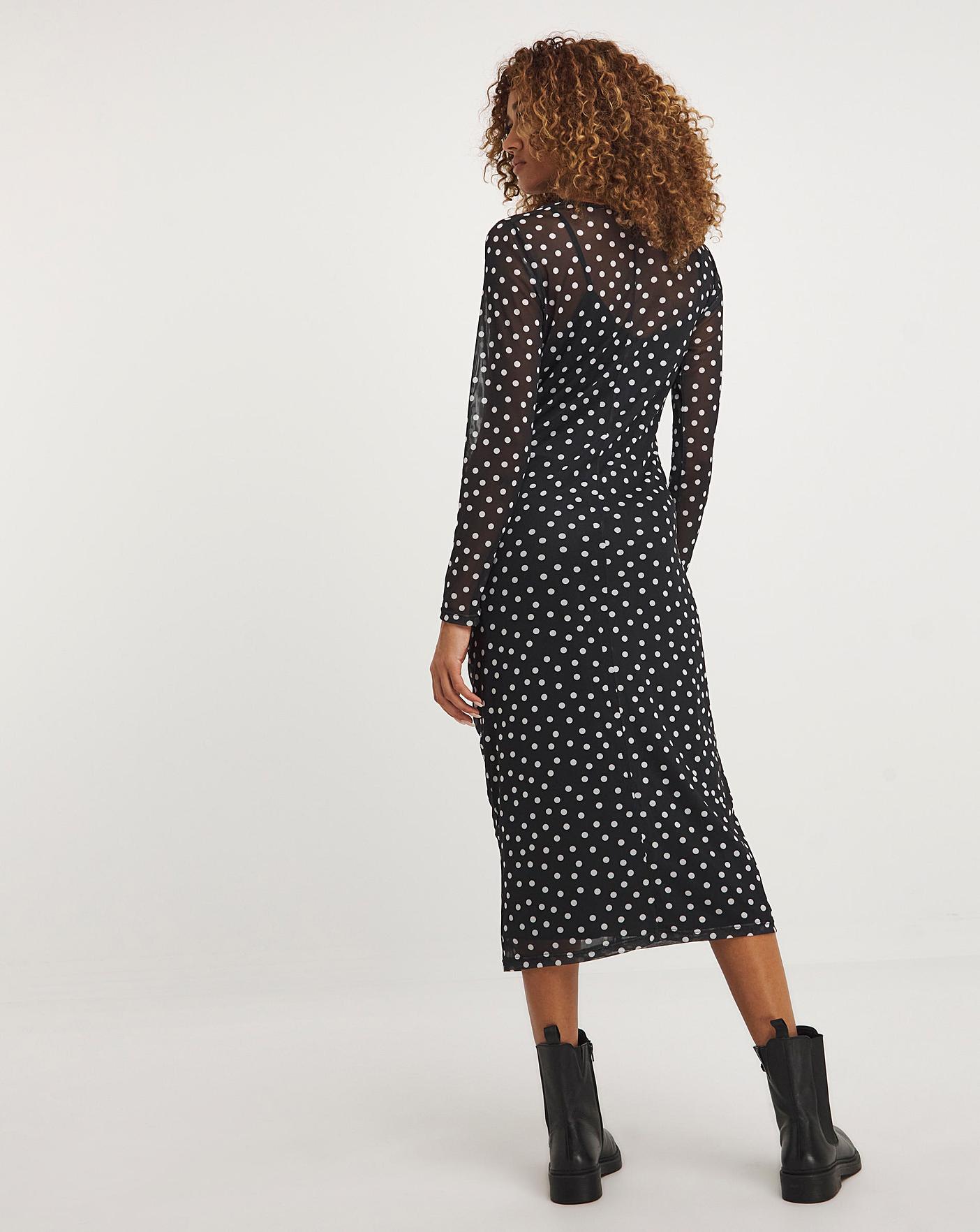 Spot Mesh Ruched Midi Dress