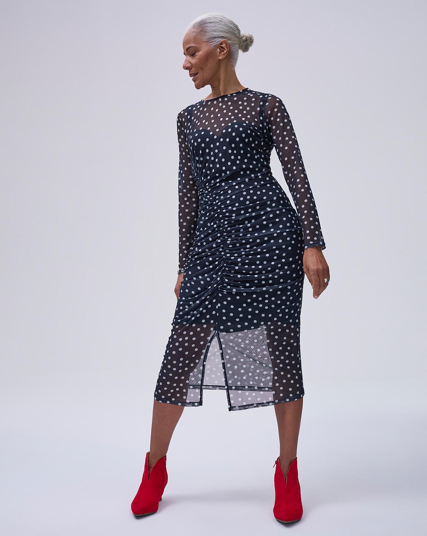 Spot Mesh Ruched Midi Dress