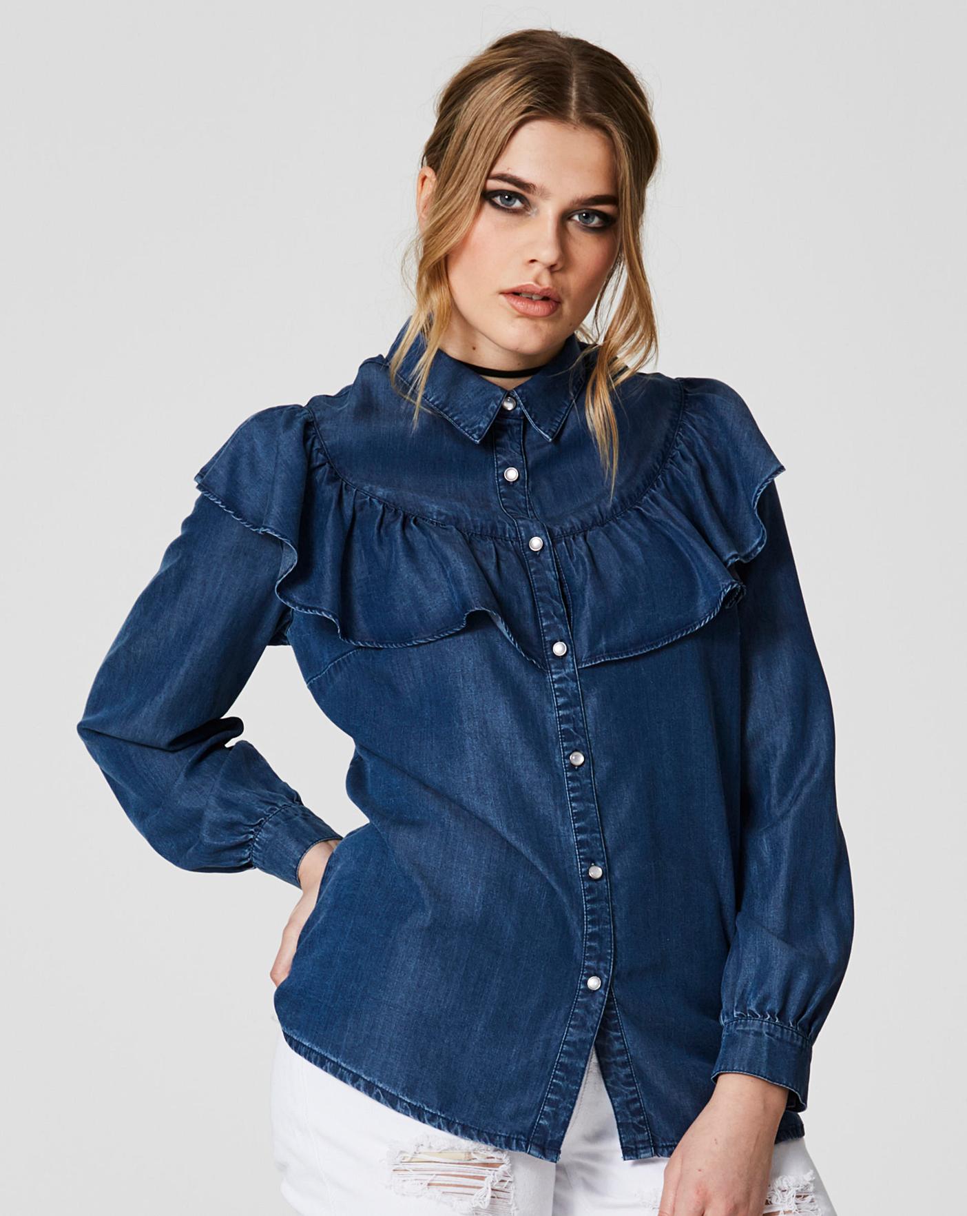 denim ruffle blouse