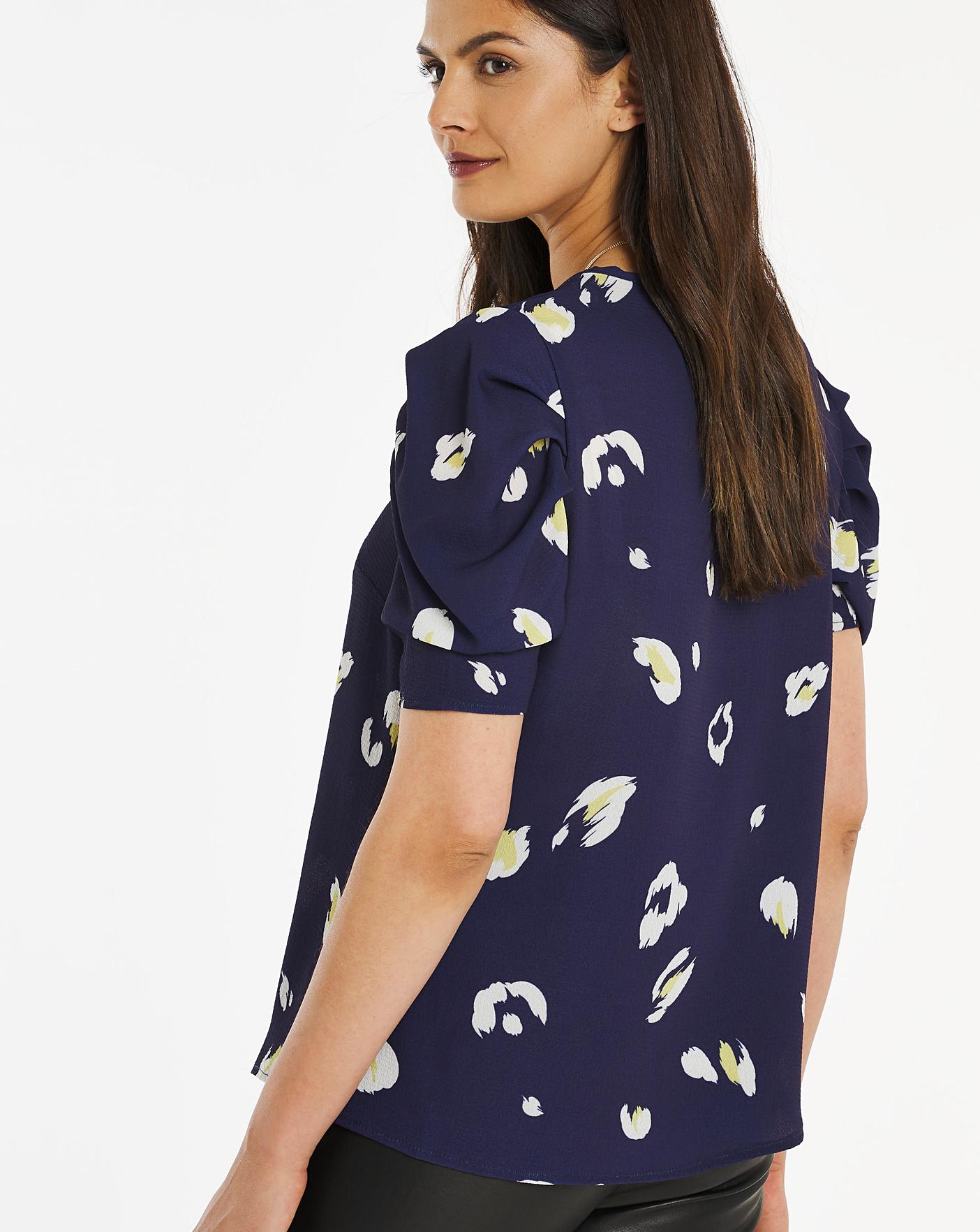 Navy Print Puff Sleeve Blouse | Oxendales