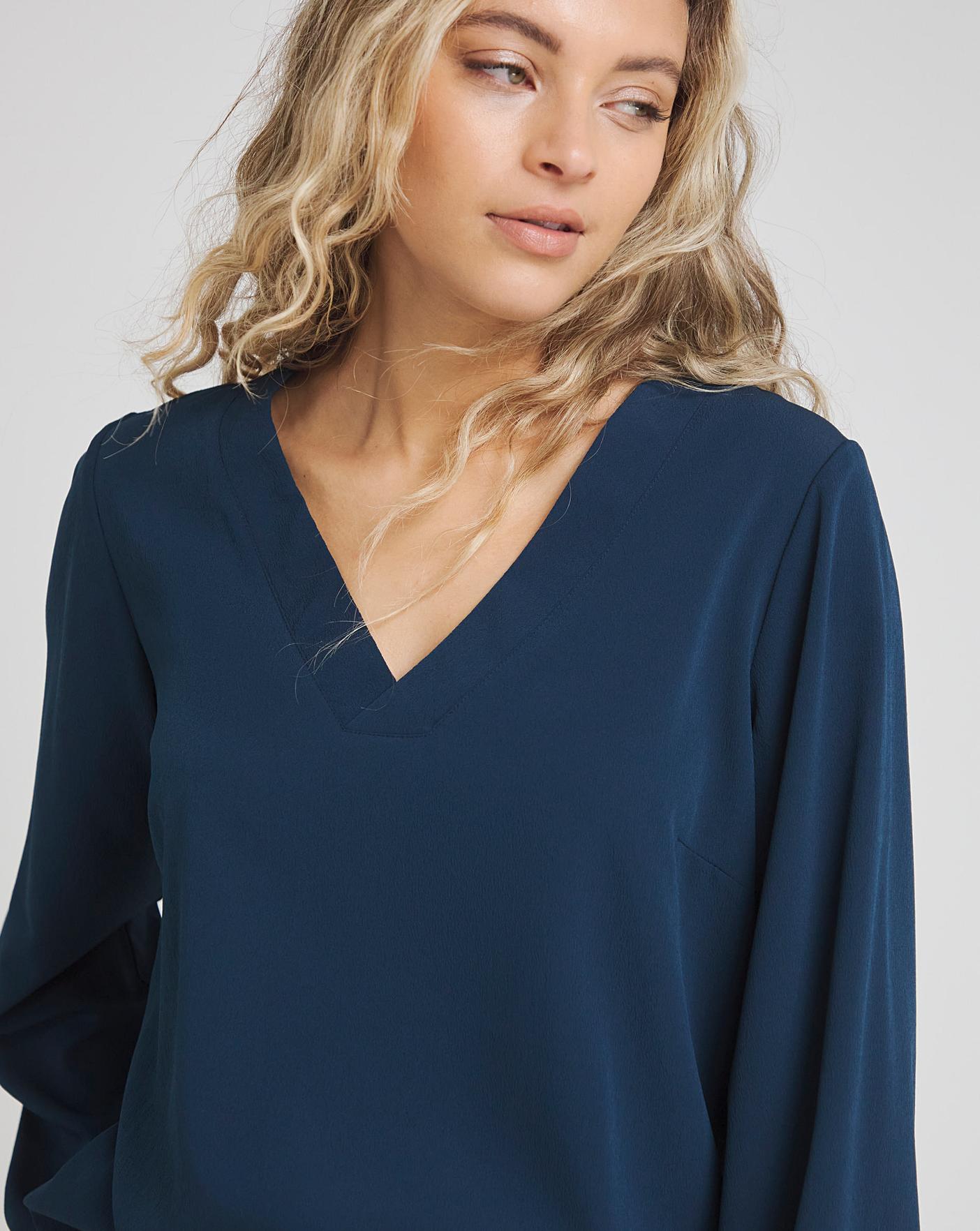 Navy Long Sleeve V Neck Blouse