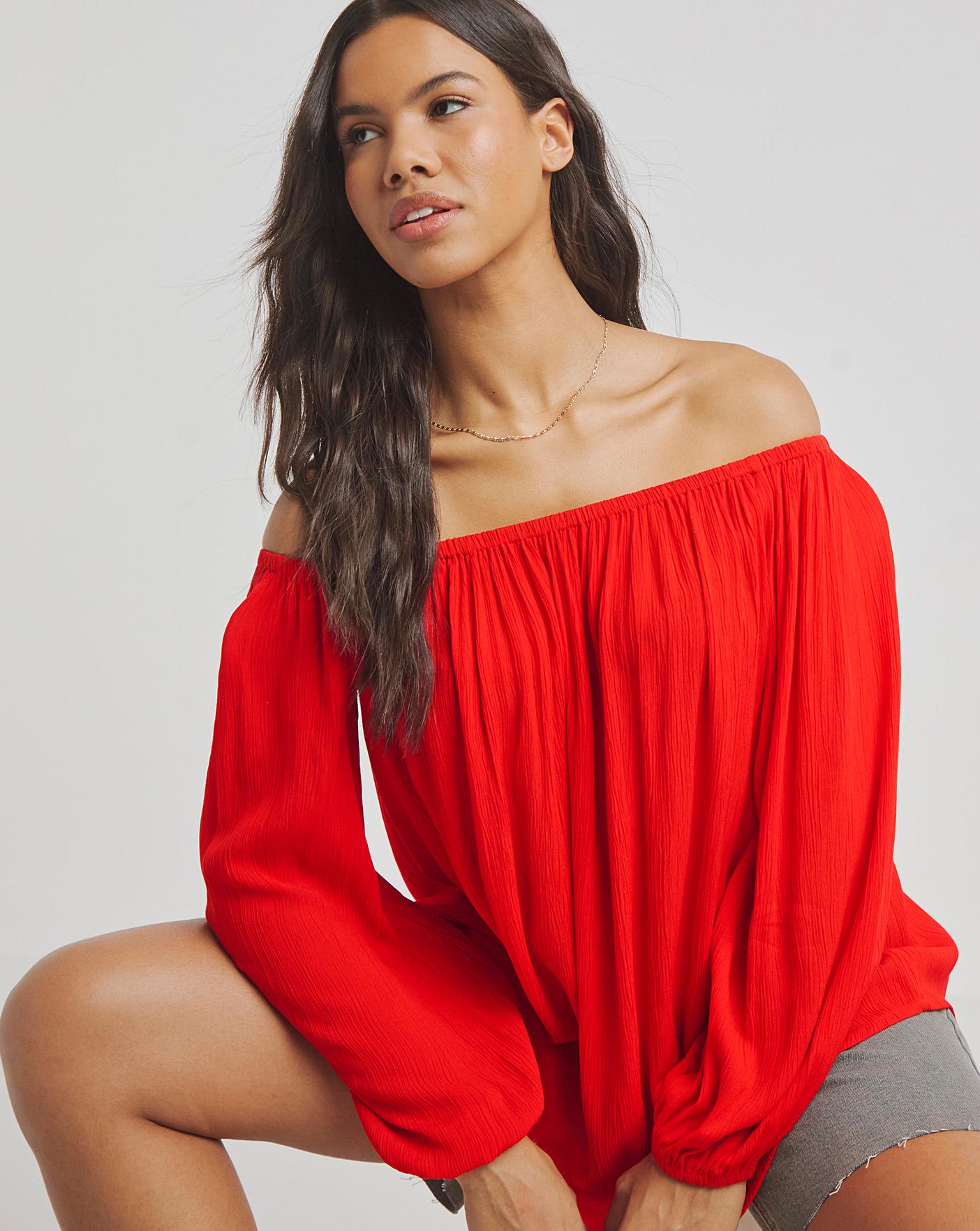 Red Crinkle Long Sleeve Bardot Top Simply Be