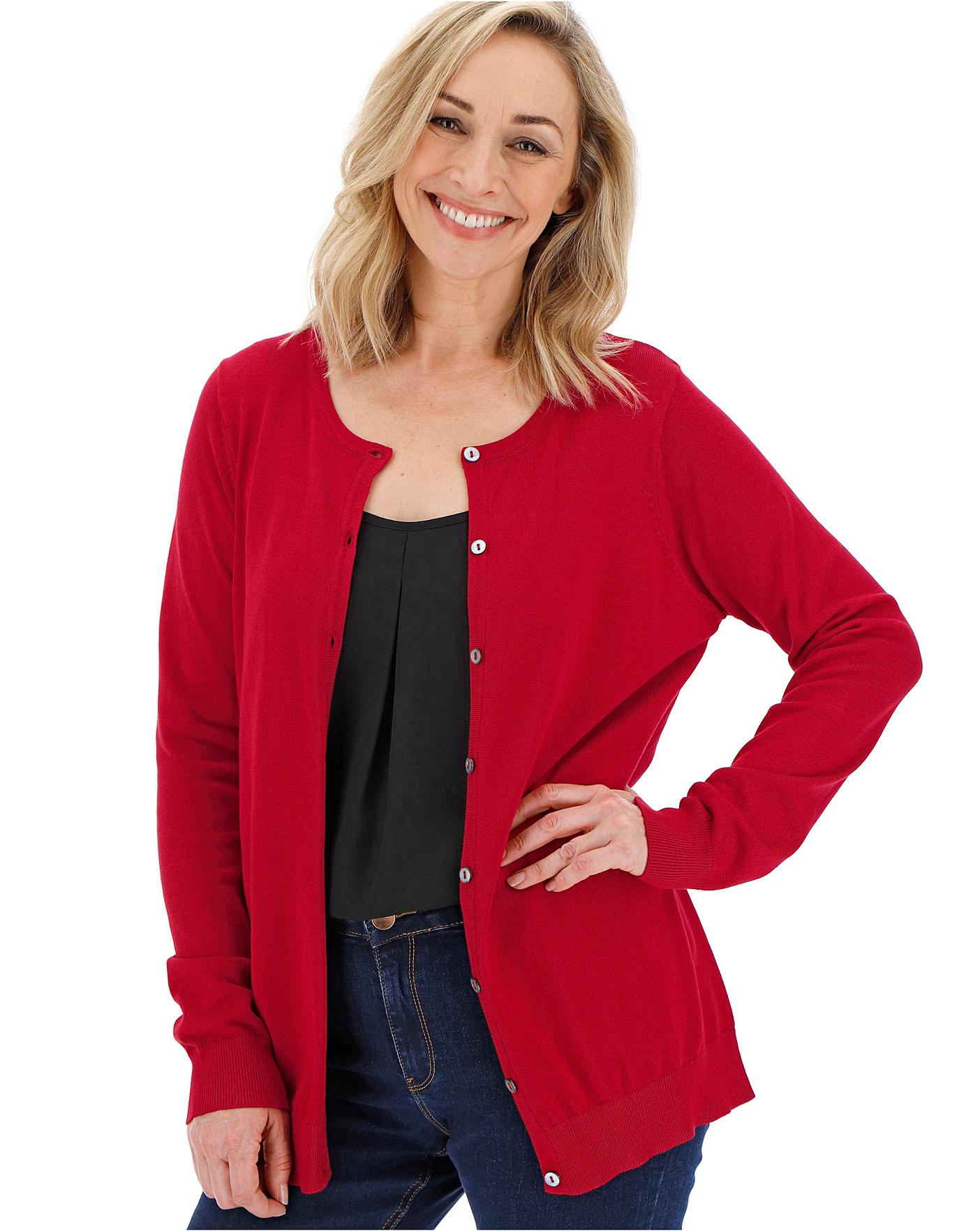 red crew neck cardigan