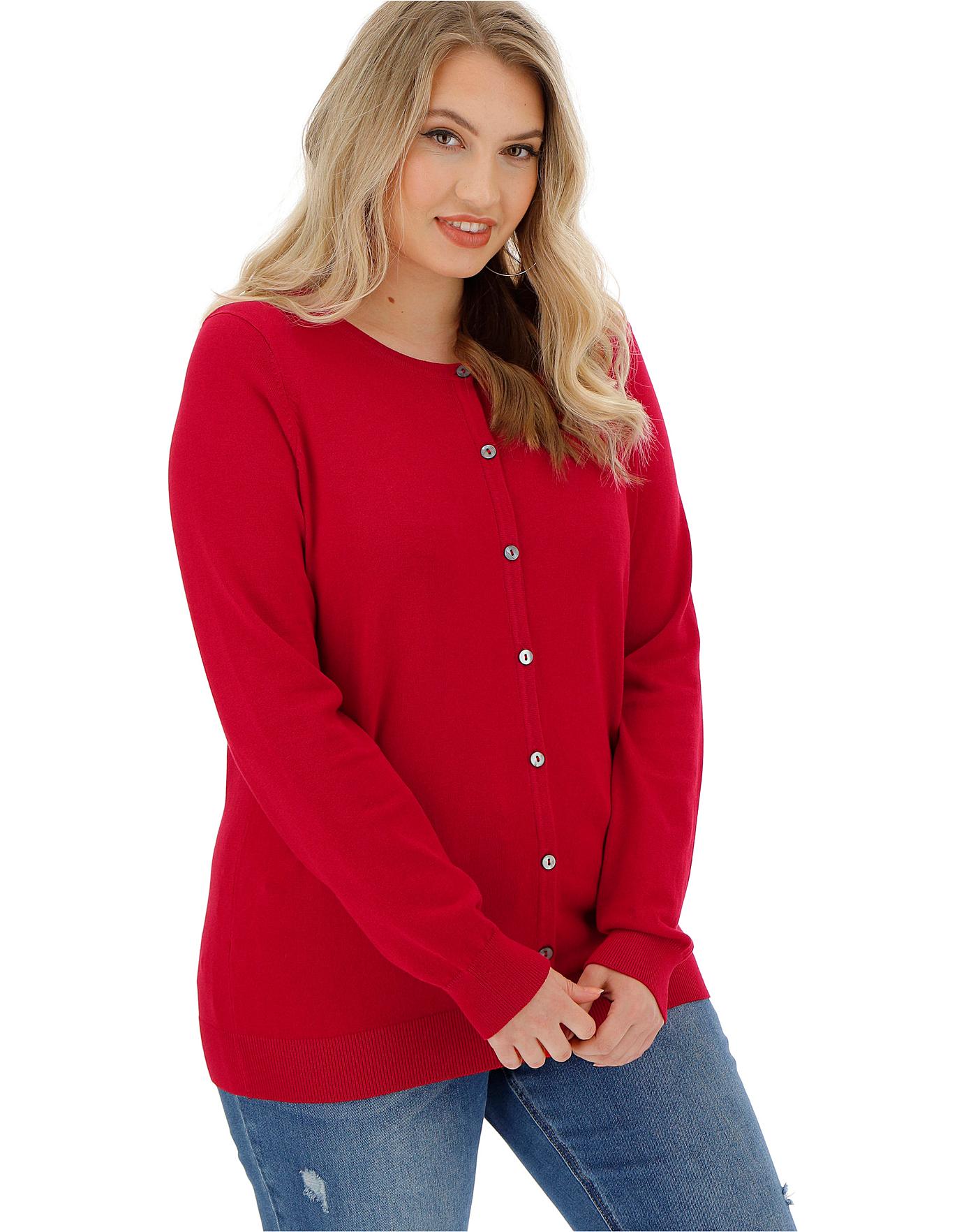 red crew neck cardigan