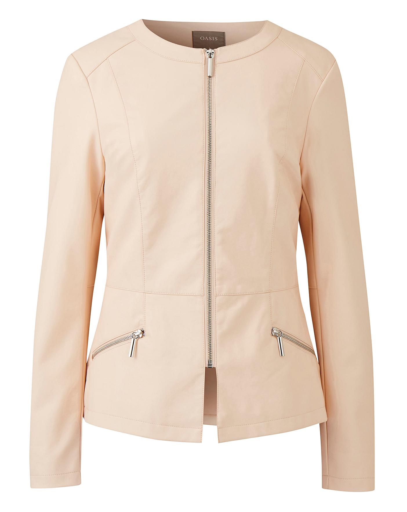 oasis faux leather collarless jacket