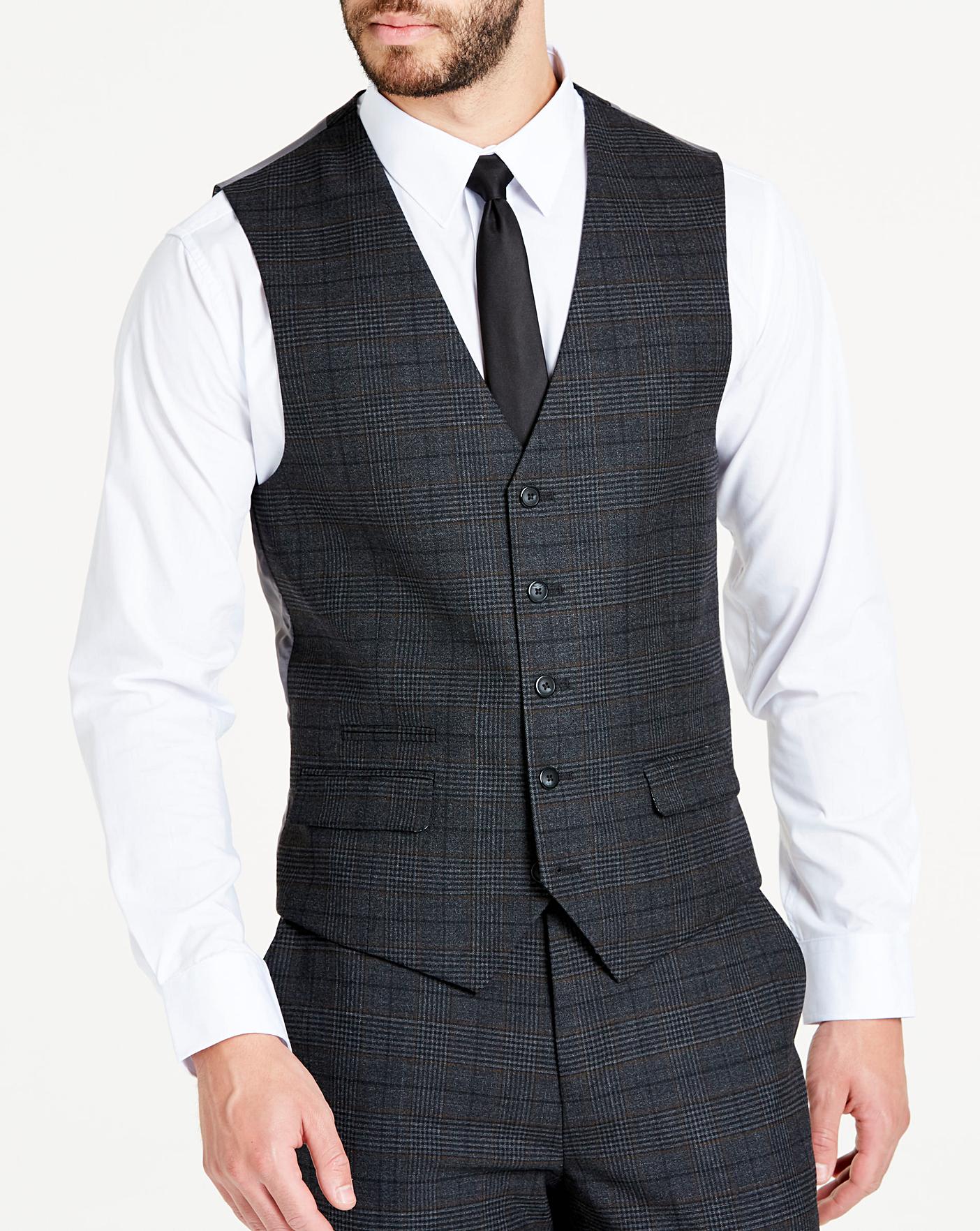 Charcoal Wool Checked Slim Waistcoat | Jacamo