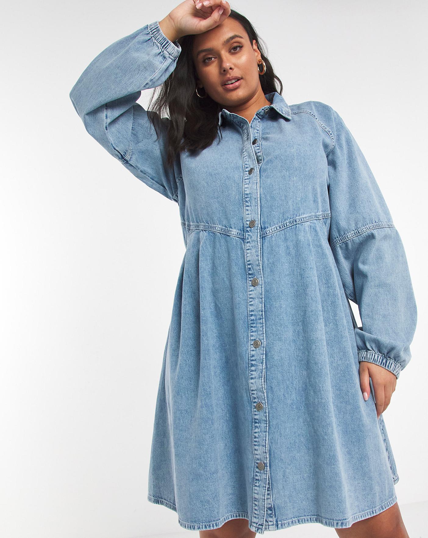 Bleach Wash Denim Smock Shirt Dress 