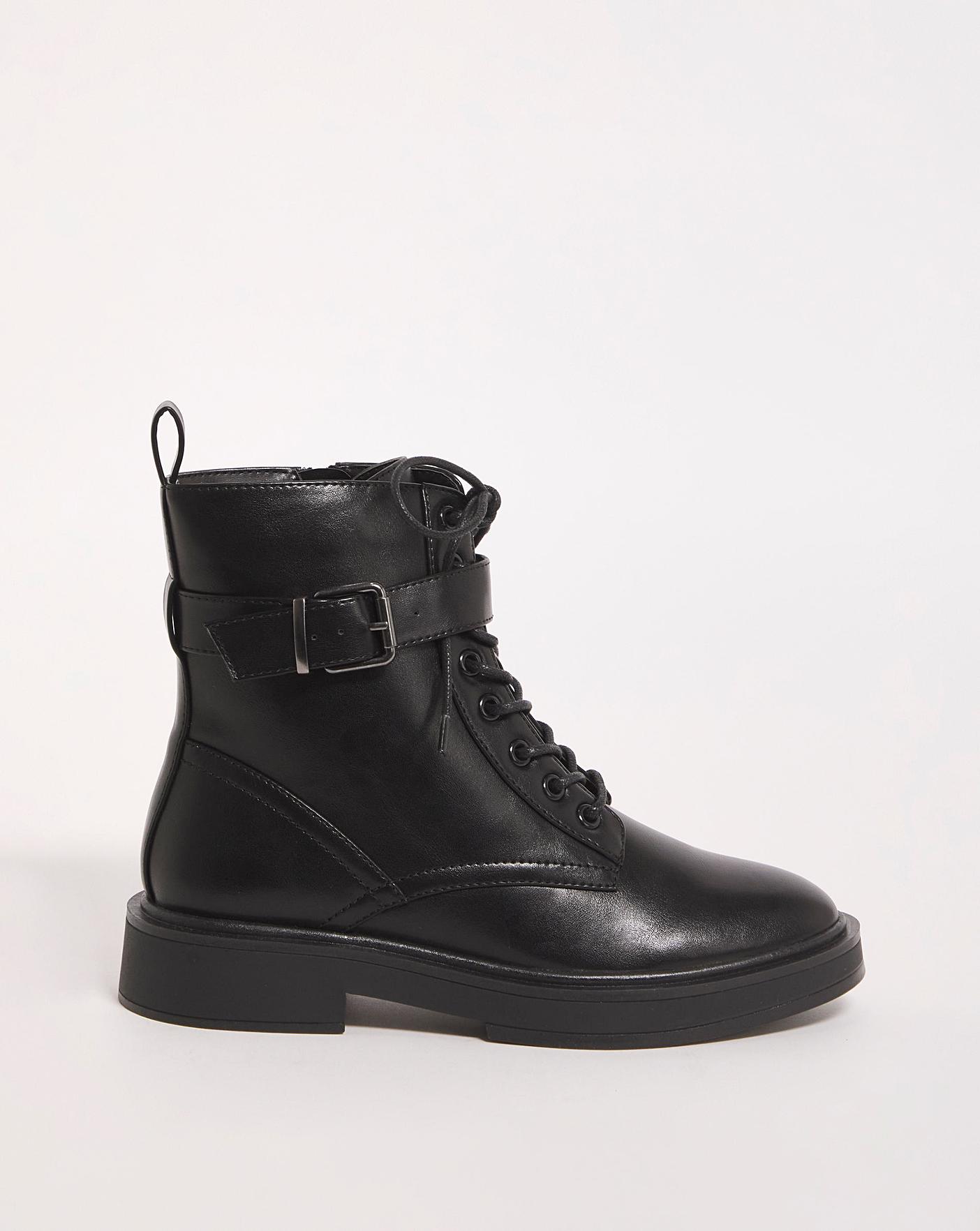 Black Buckle Lace Up Ankle Boots In Wide E Fit & Extra Wide EEE Fit