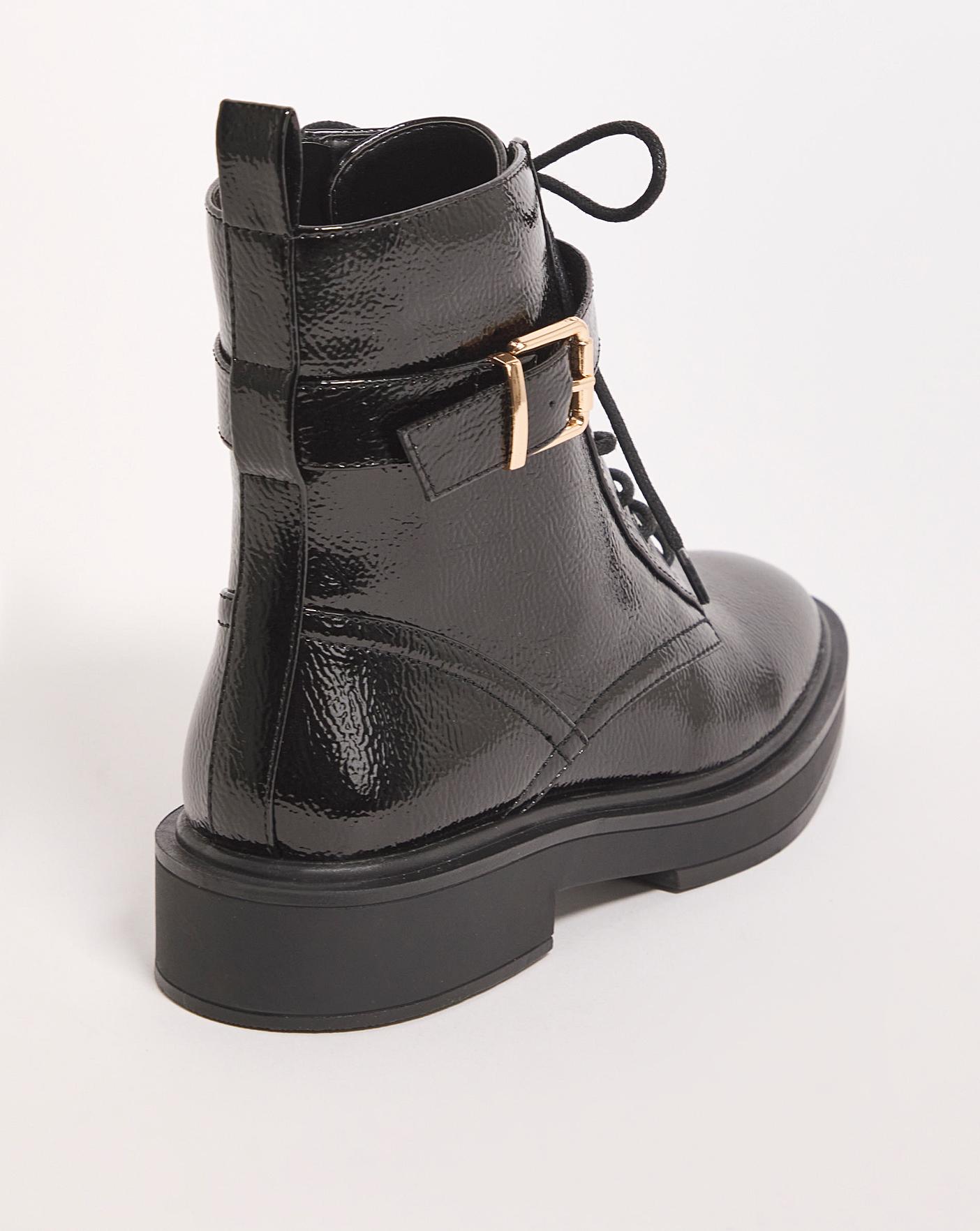 Glamorous Wide Fit lace up flat ankle boots with buckles in black