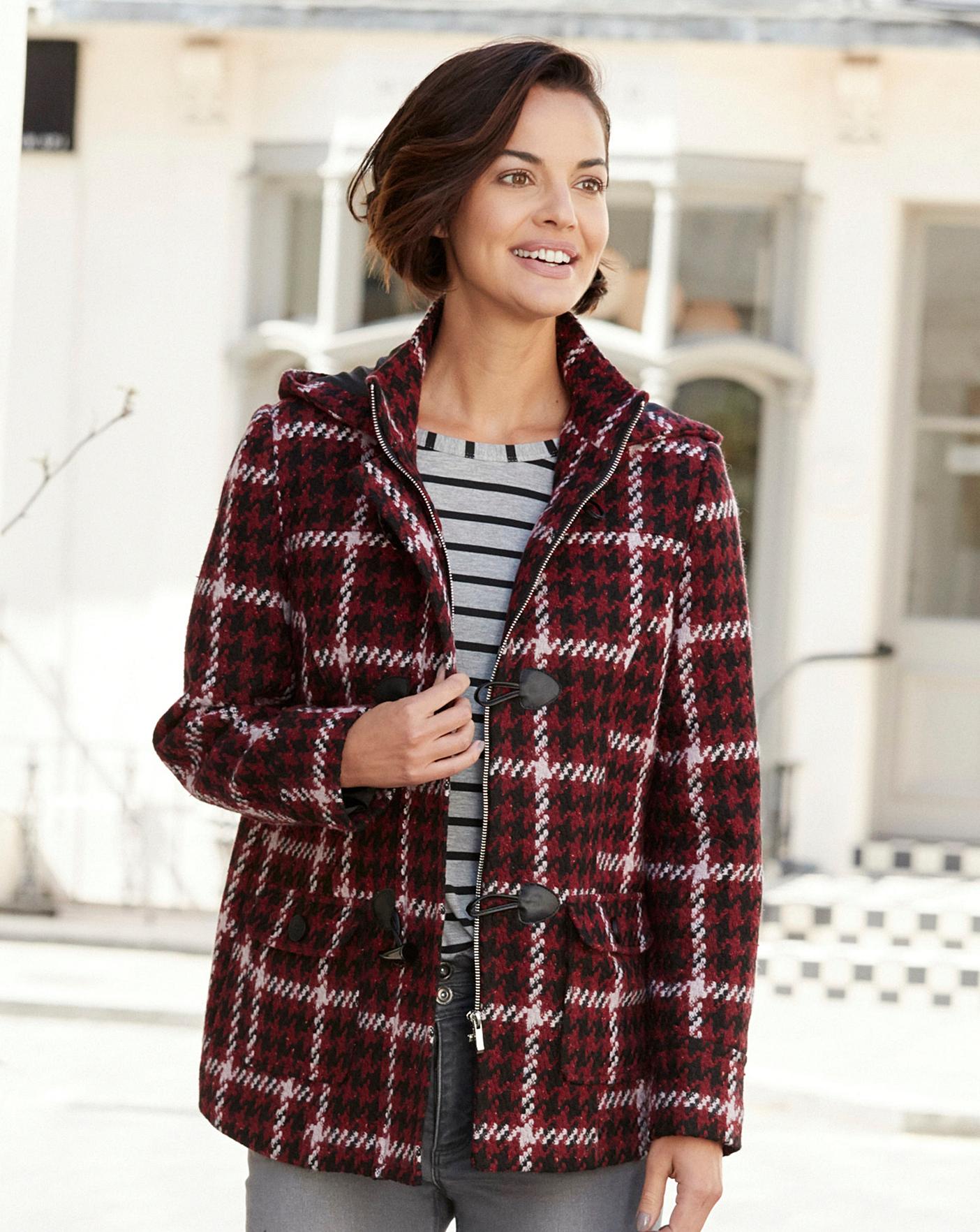 red check duffle coat