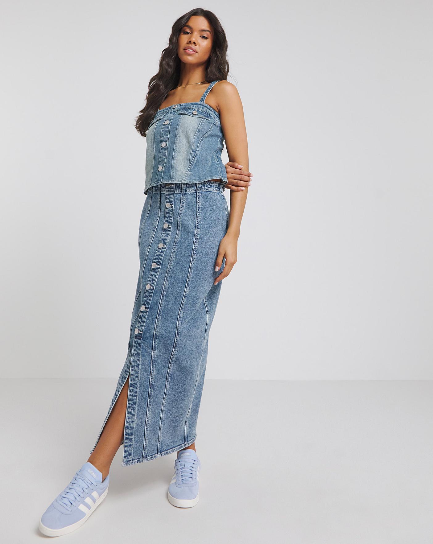 Maxi Button Front Organic Blue Denim Skirt | UK Size 8-18