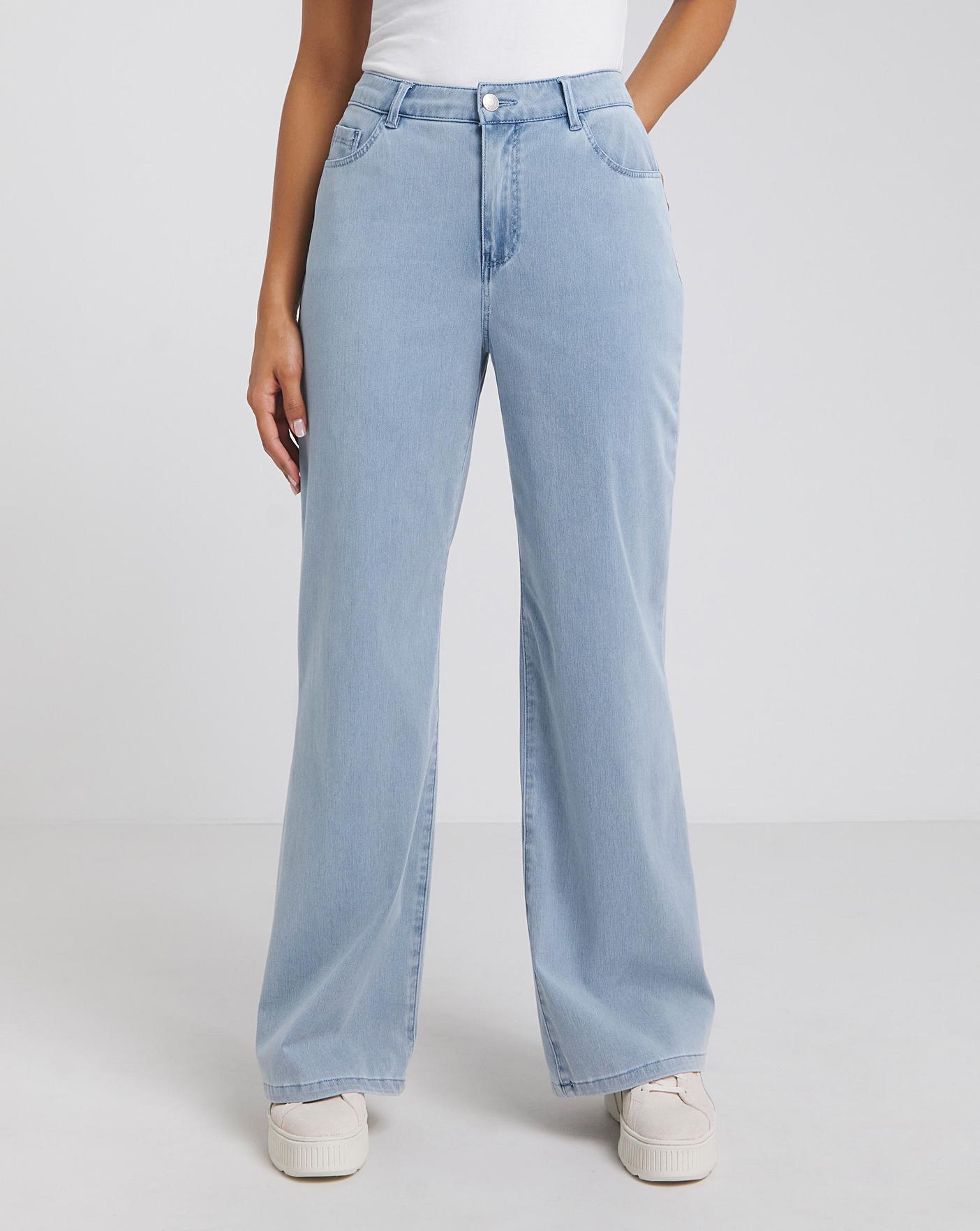 Stone embellished 5 pocket blue denim wide leg jean