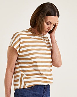 Camel & White Longline Stripe Cut About T-Shirt
