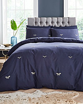 Dragonfly Navy Embroidered Cotton Blend Duvet Cover Set