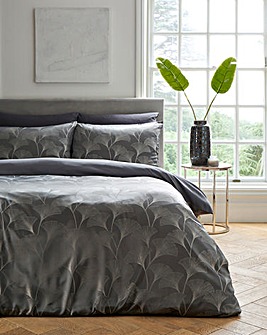 Ginkgo Floral Charcoal and Silver Jacquard Duvet Cover Set