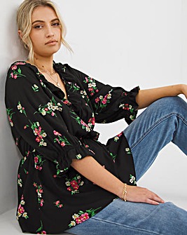 Black Floral Mix Wrap Frill Peplum Top with 3/4 Length Sleeve