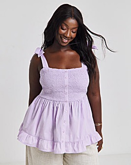 Lilac Shirred Button Through Poplin Cami with Shoulder Tie