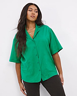 Green Short Sleeve Boxy Linen Blouse