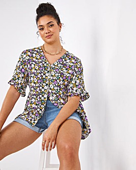 Ditsy Floral Short Sleeve V-Neck Button Through Crinkle Top