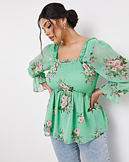 Occasion Green Floral Shirred Frill Square NeckTop