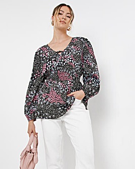 Black Floral Shirred Waist Long Sleeve Tie Front Blouse