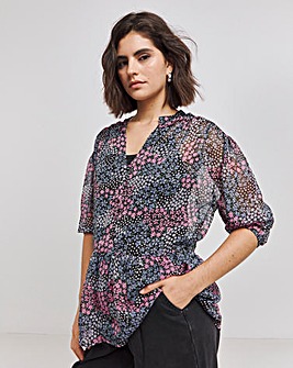 Black Floral V Neck Chiffon Peplum Blouse with Frills