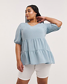 Washed Blue Linen V Neck Smock Top