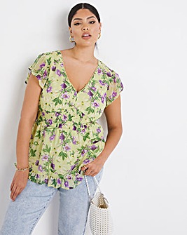 Green Floral Shirred V-Neck Frill Peplum Top with Back Tie Detail