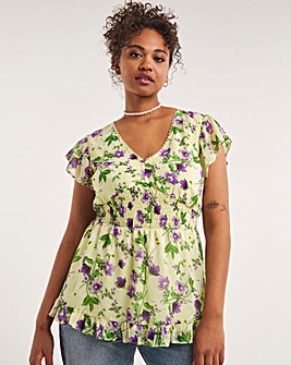 Green Floral Shirred Frill Peplum Top with Back Tie Detail