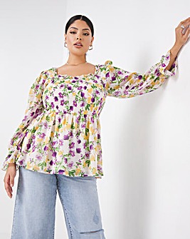 Occasion Ivory Floral Shirred Frill Square Neck Top