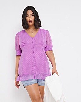 Lavender Dobby Puff Sleeve Button Through Blouse with Frill Detailing