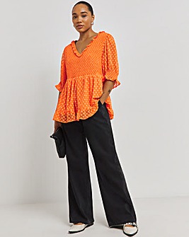 Hot Orange Shirred Frill Dobby Peplum Top