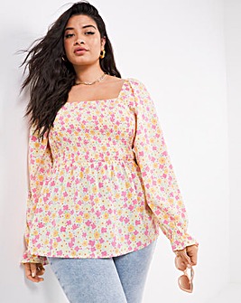 Yellow Floral Shirred Square Neck Top