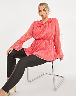 Coral Tie Neck Dobby Long Sleeve Smock Blouse
