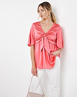 Coral Satin Knot Front Angel Sleeve Blouse