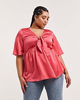 Coral Satin Knot Front Angel Sleeve Blouse