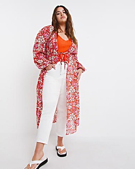 Coral Floral Long Sleeve Longline Kimono with Tie Detail