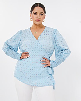 Blue Rainbow Foil Wrap Top with Shirred Sleeve