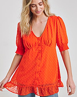 Red Dobby Short Sleeve Button Through Blouse with Frill Hem